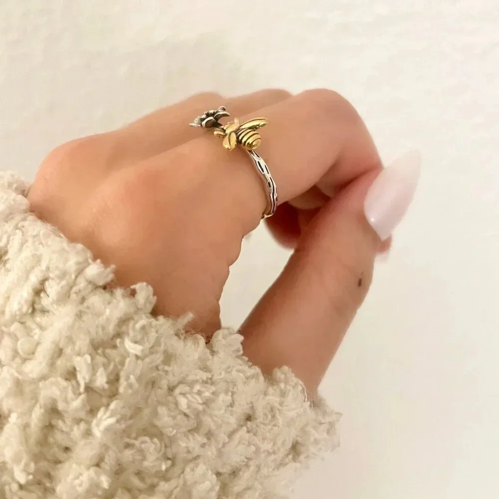 925 Sterling Silver Bee Ring Two Tone Ring Dainty Bee Ring Silver & Gold Ring